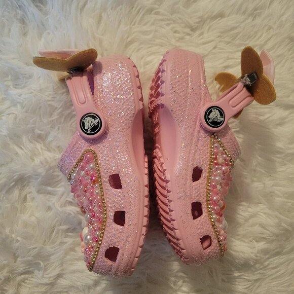 Custom Toddler Pink Tweed Glitter Crocs Pink & White Size C9 - Picture 8 of 9